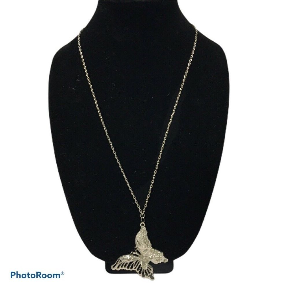 Silver tone  Butterfly necklace Rhinestones